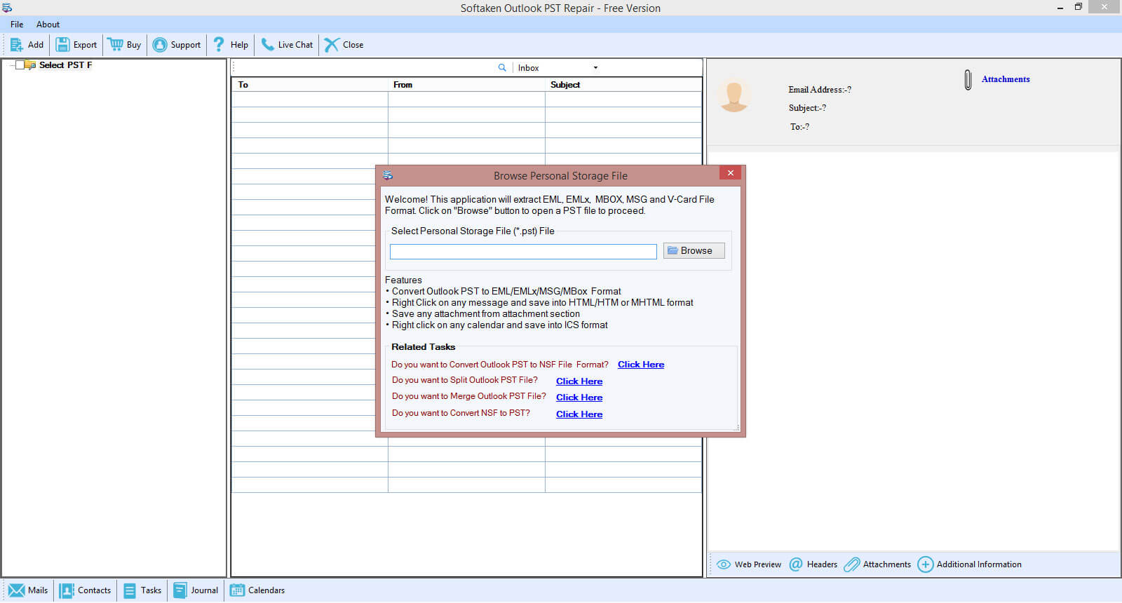 Click to enlarge Outlook PST Repair software home screen