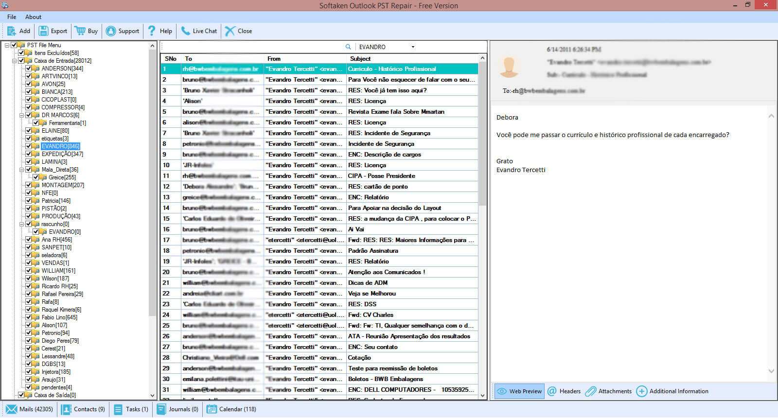 Click to enlarge Preview recovered PST mailbox items tree view
