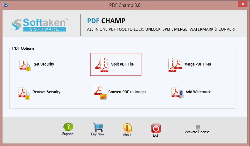 Click to enlarge PDF tool main screen with Split PDF File option