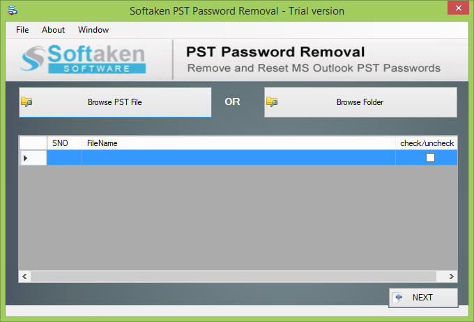 Click to enlarge PST Password Remover main interface